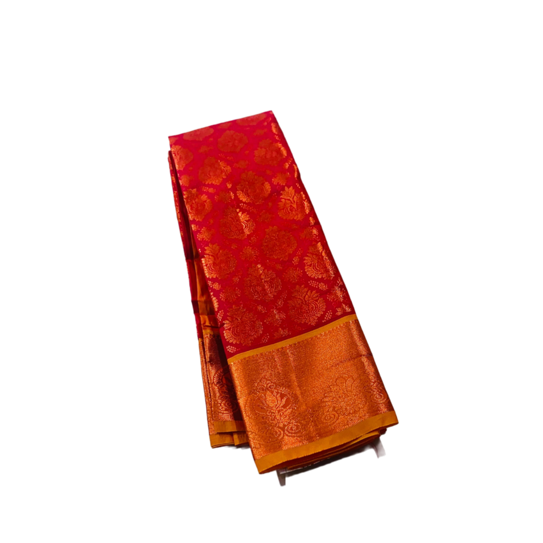 Vegan Silk Saree Pink Colour with Copper with Golden yellow with Lotus design