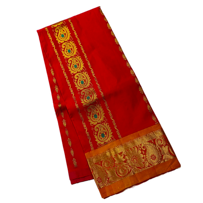 Red shade Semi Silk Kids Pattu Pavadai with contrast border for age 5 to 10