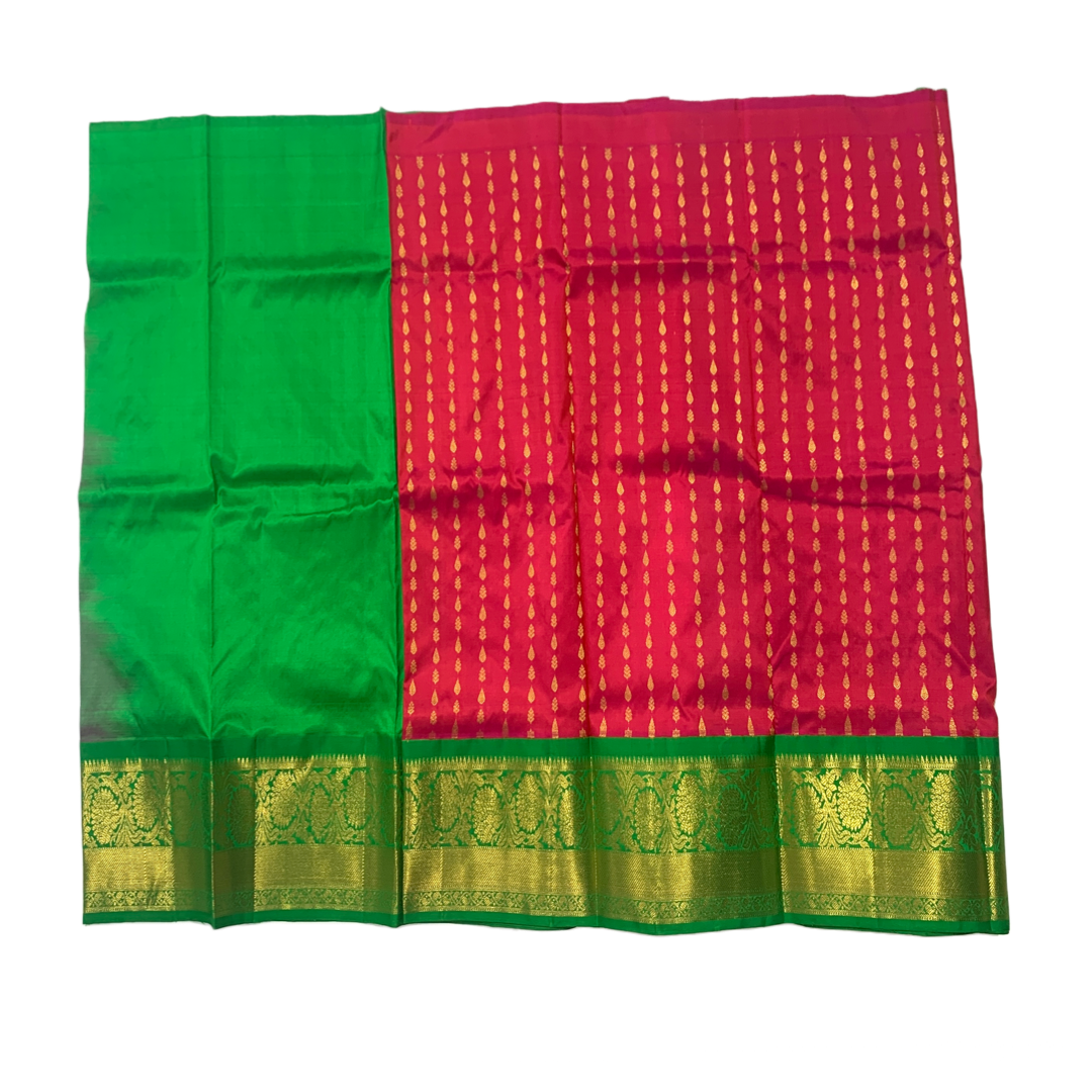 Red shade Pure Kanchipuram Kids Pattu Pavadai with contrast border for age 5 to 10