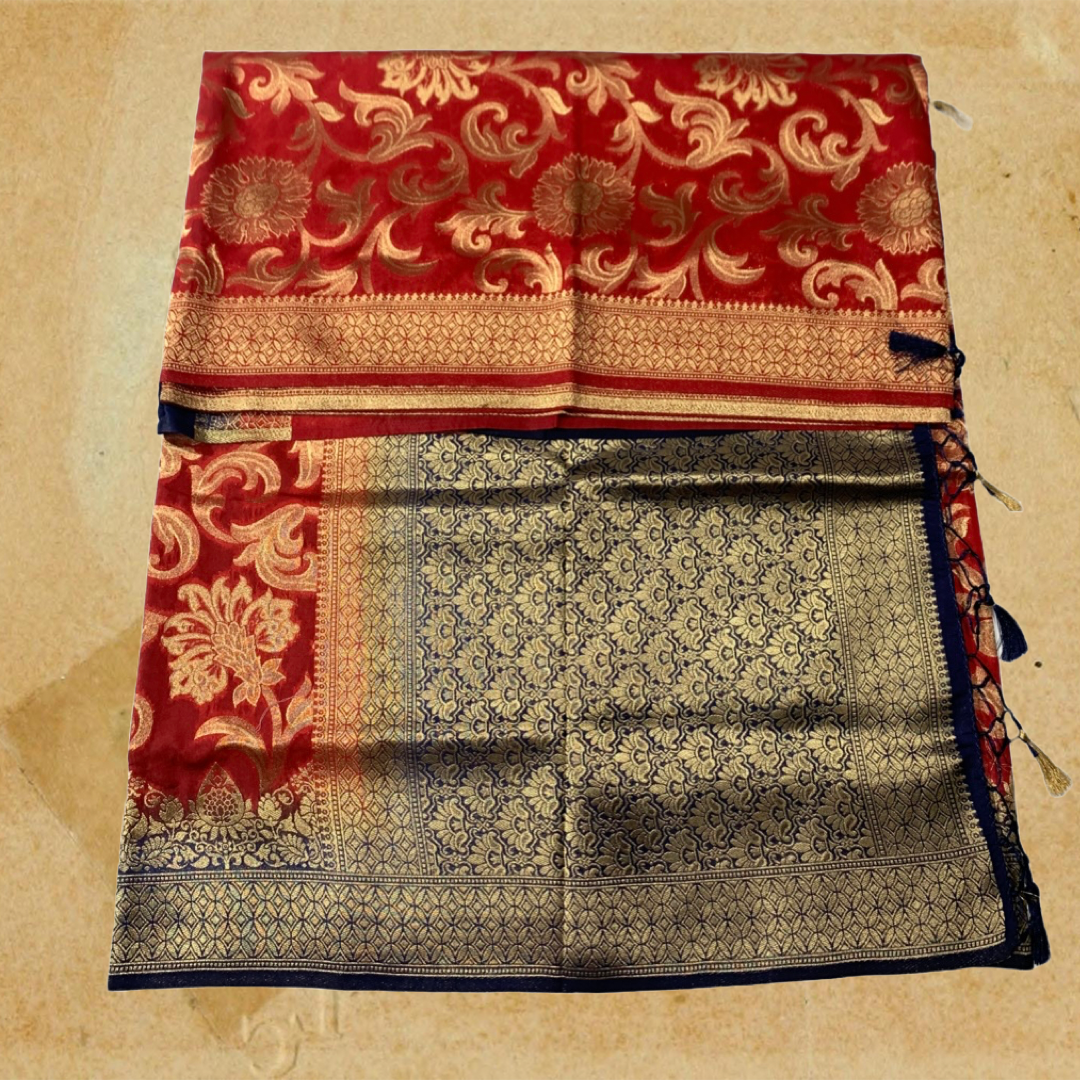 Red shade  Banaras Saree with NavyBlue Border.