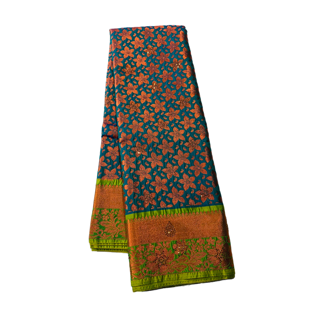 Vegan Silk Saree Rama Green Shade with Unstitched blouse in Aari work