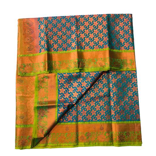 Vegan Silk Saree Rama Green Shade with Unstitched blouse in Aari work