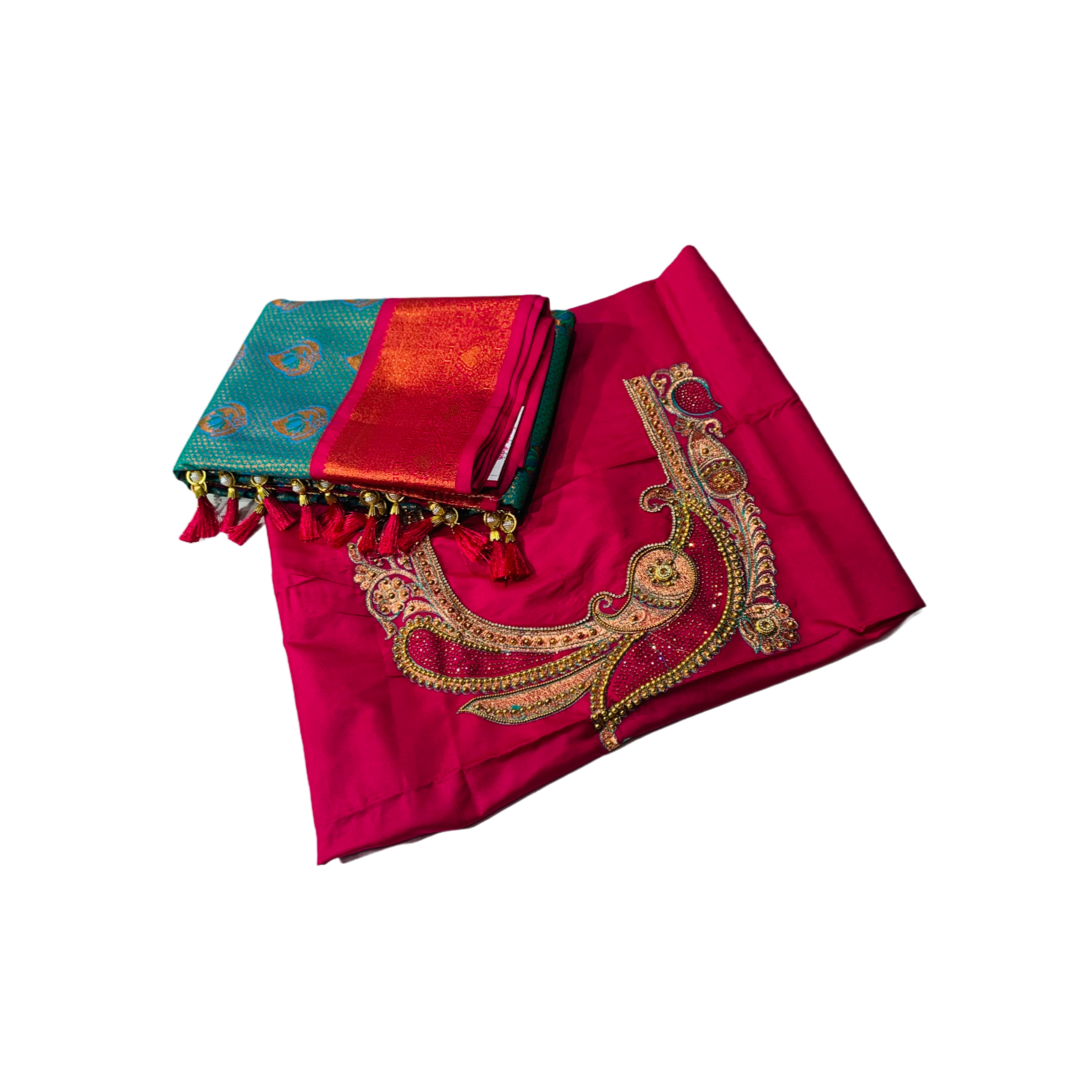 Vegan Silk Saree Rama Green shade with Pink Border with Unstitched blouse in Aari work