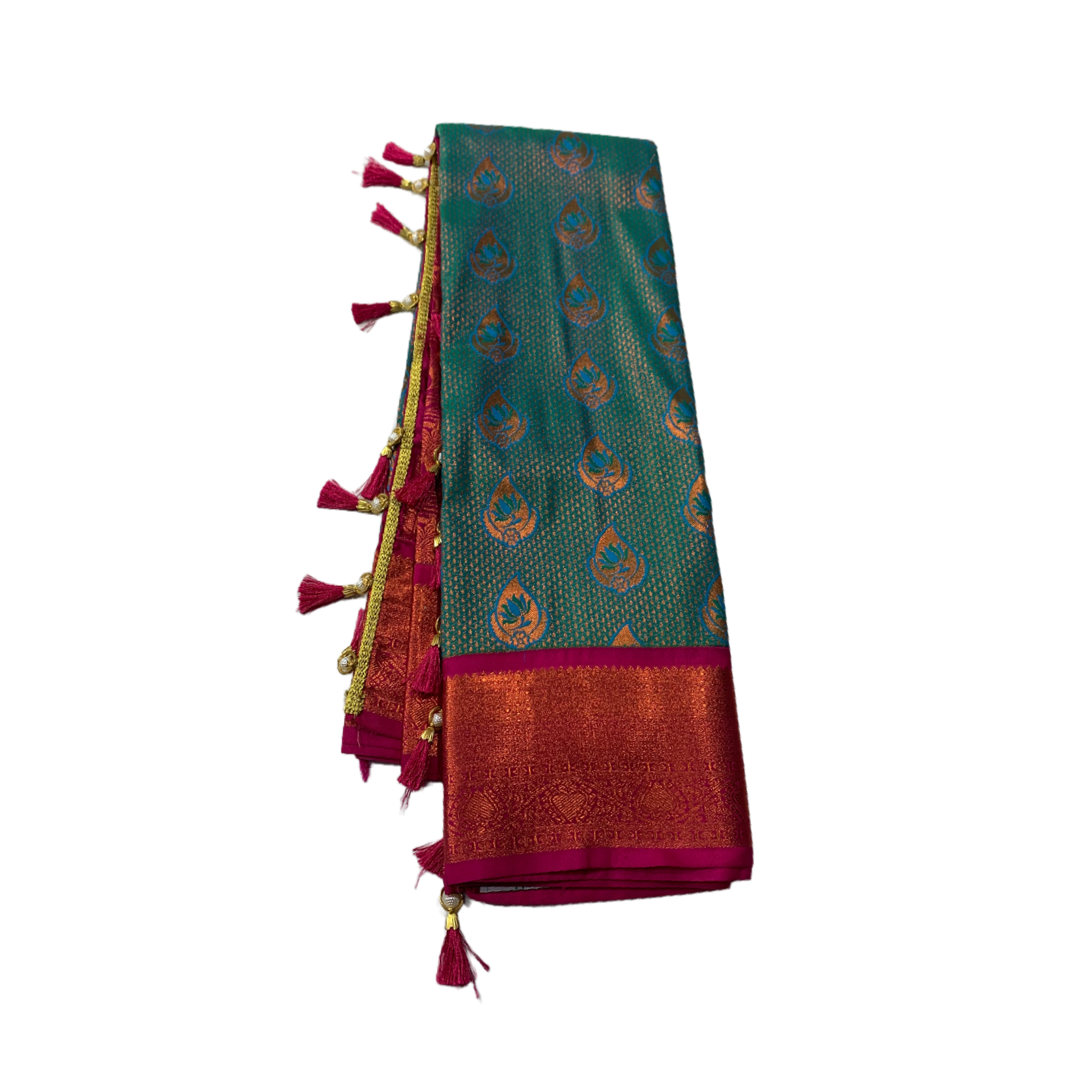 Vegan Silk Saree Rama Green shade with Pink Border with Unstitched blouse in Aari work