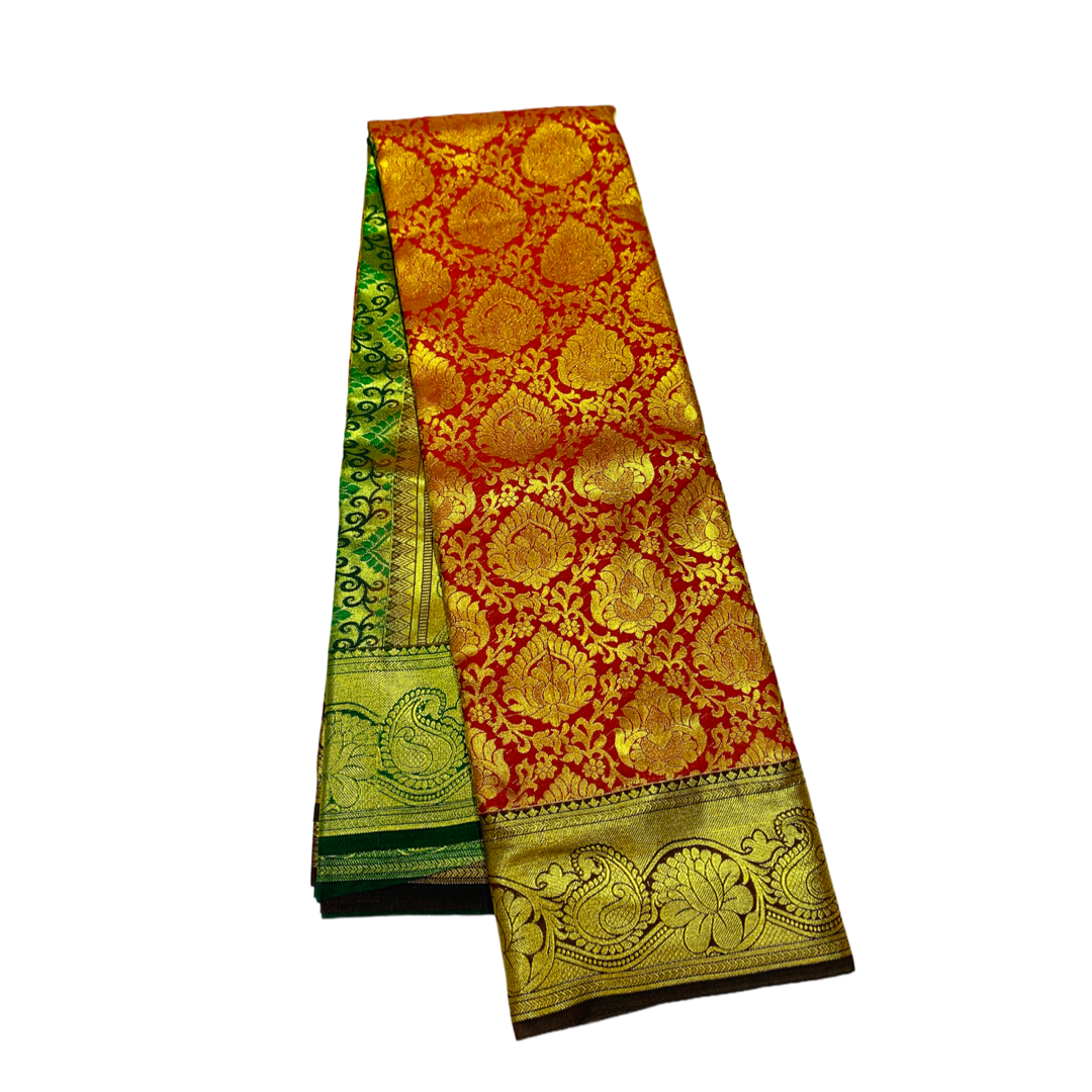 Red Shade Vegan Silk Saree with Copper Border with Mango and Lotus design