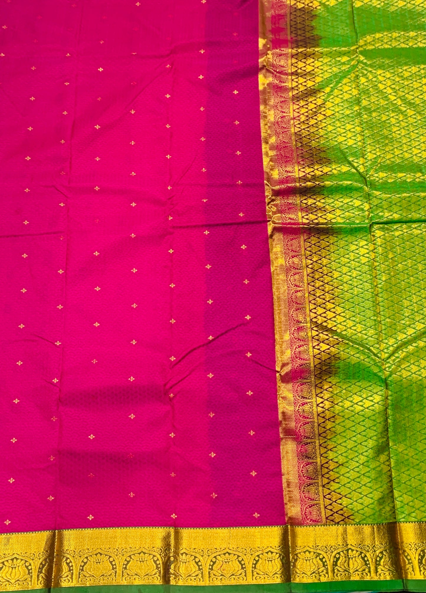 Dark Rose shade Semi Silk Saree with Green Border with Lotus Design