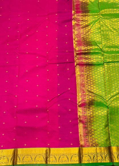 Dark Rose shade Semi Silk Saree with Green Border with Lotus Design