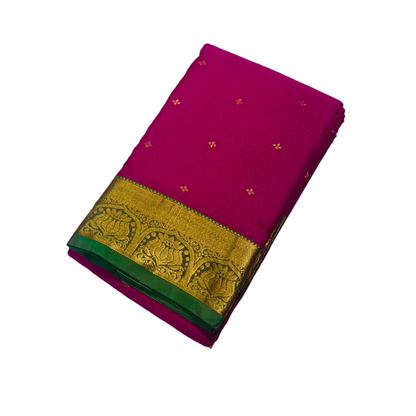 Dark Rose shade Semi Silk Saree with Green Border with Lotus Design