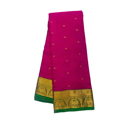 Dark Rose shade Semi Silk Saree with Green Border with Lotus Design