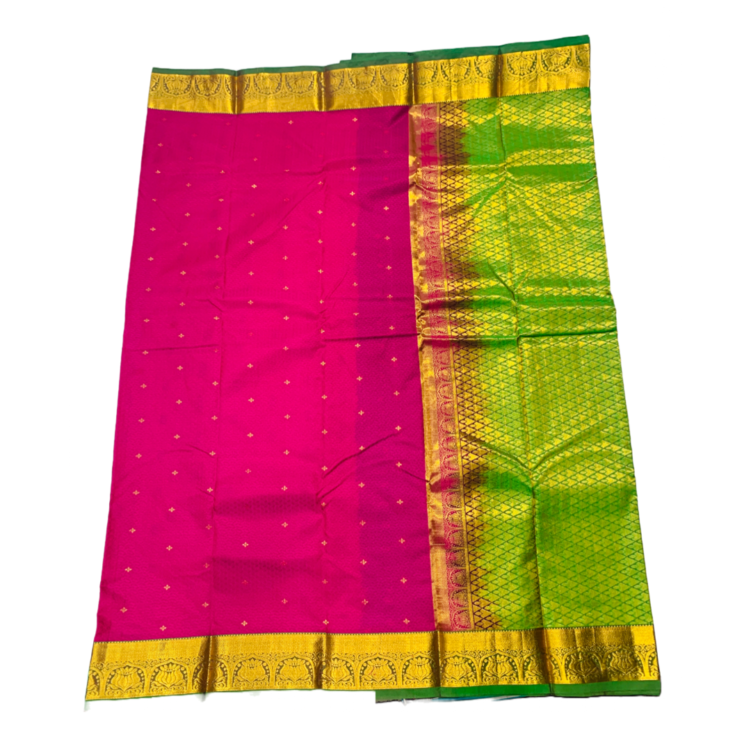 Dark Rose shade Semi Silk Saree with Green Border with Lotus Design