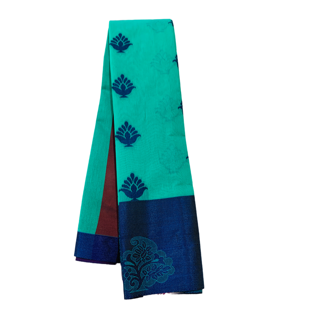 Ramar Green shade silk cotton Saree with Blue Border