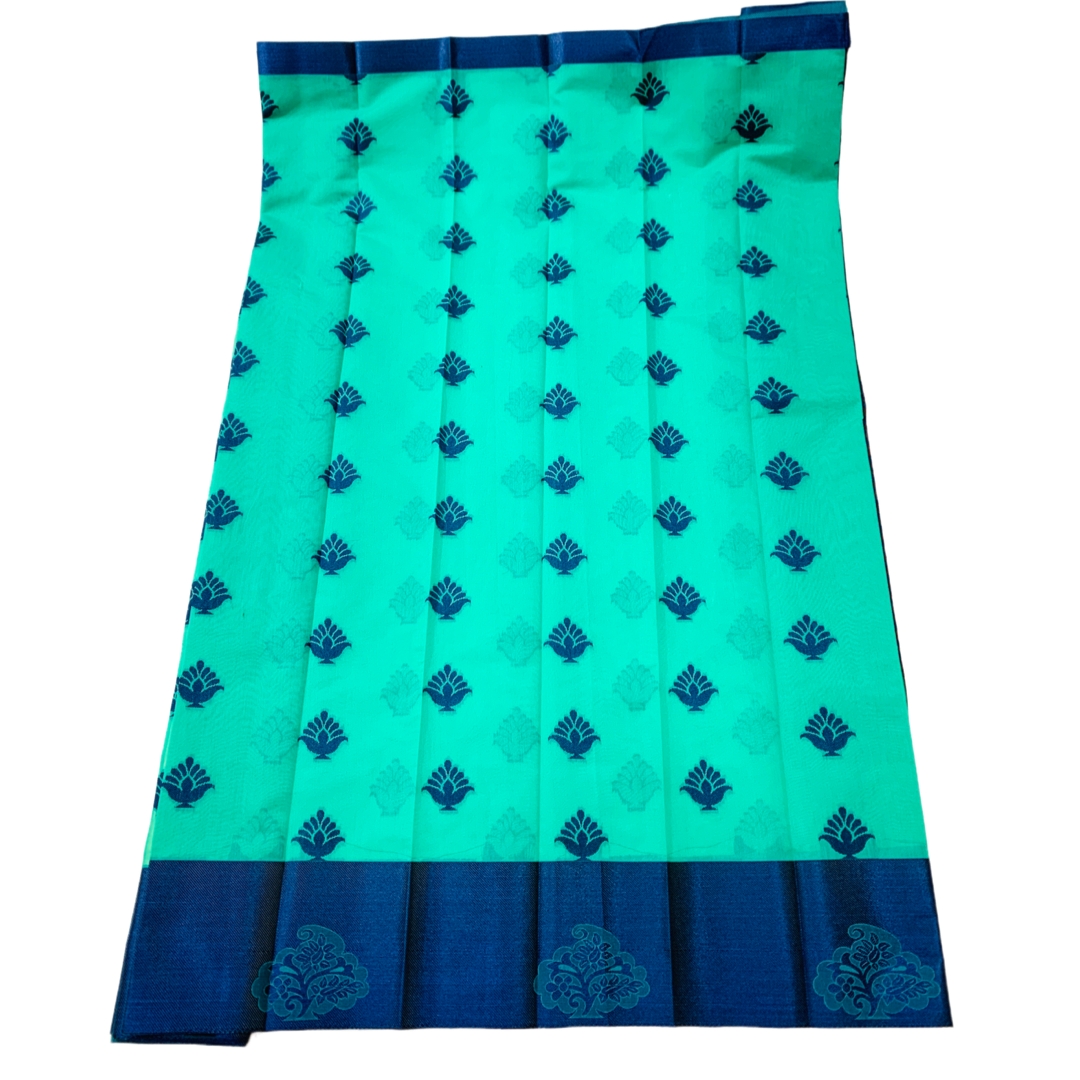 Ramar Green shade silk cotton Saree with Blue Border