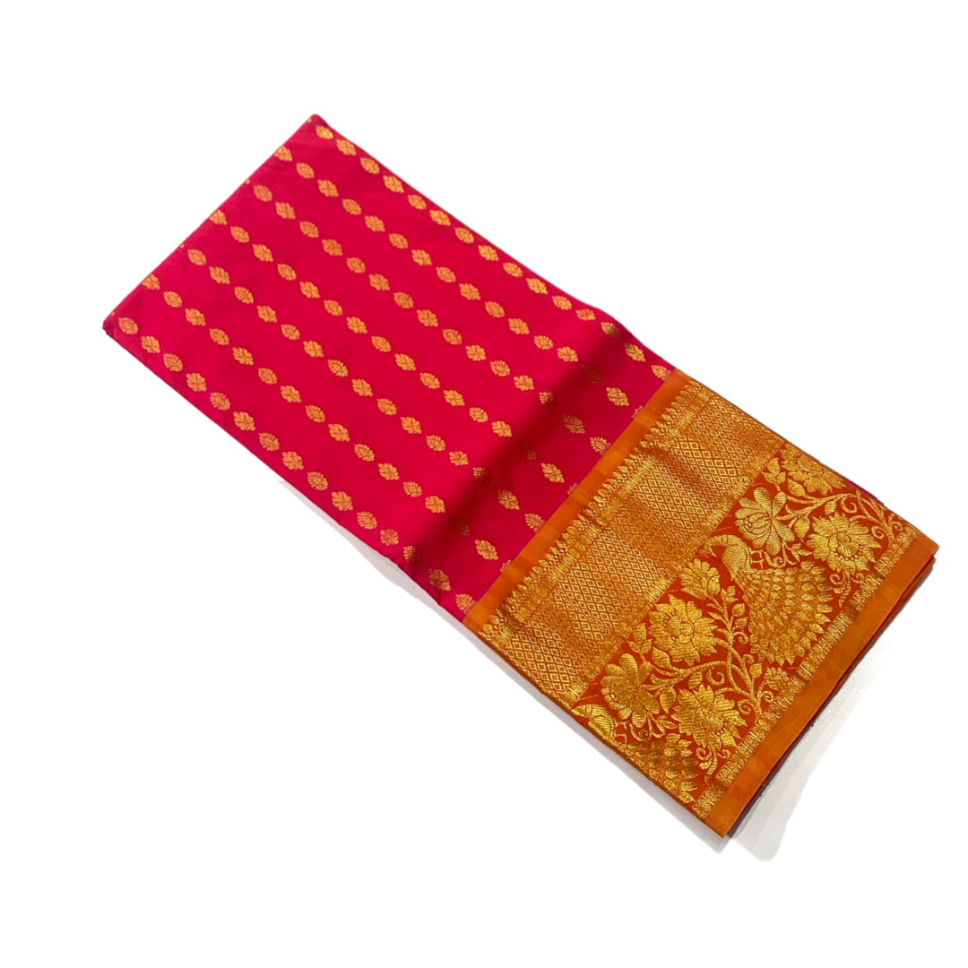 Rani Pink shade Semi Silk Kids Pattu Pavadai with contrast border  for age above 10 years