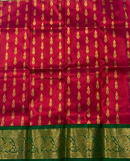 Red shade Pure kanchipuram Kids Pattu Pavadai with contrast border for newborn to 2 Years