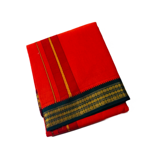 Red shade Cotton Dhoti with  Border Green shade with diamond design.