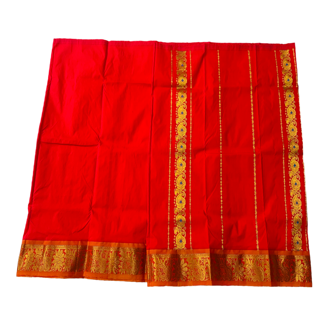 Red shade Semi Silk Kids Pattu Pavadai with contrast border for age 5 to 10