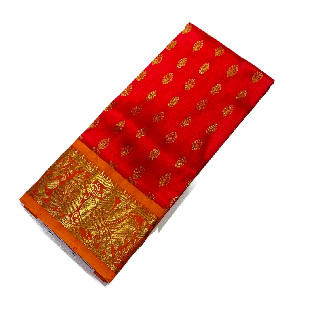 Red shade Pure Kanchipuram Kids Pattu Pavadai with contrast border for for newborn to 2 Years