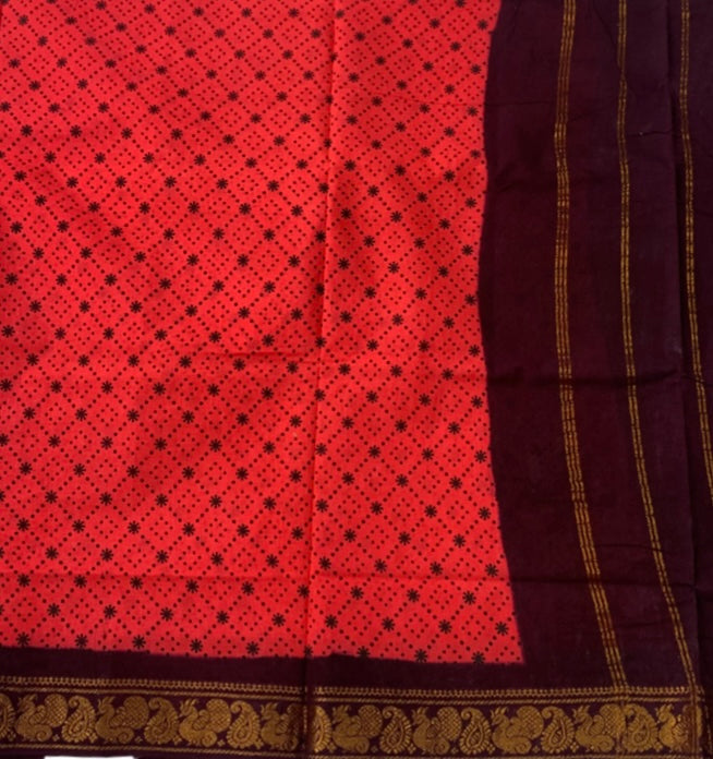 Chettinad Sungudi Cotton Tomato Red Printed Saree