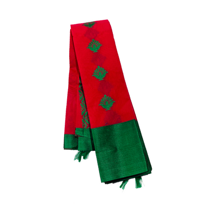 Red shade silk cotton Saree with Big Green Border