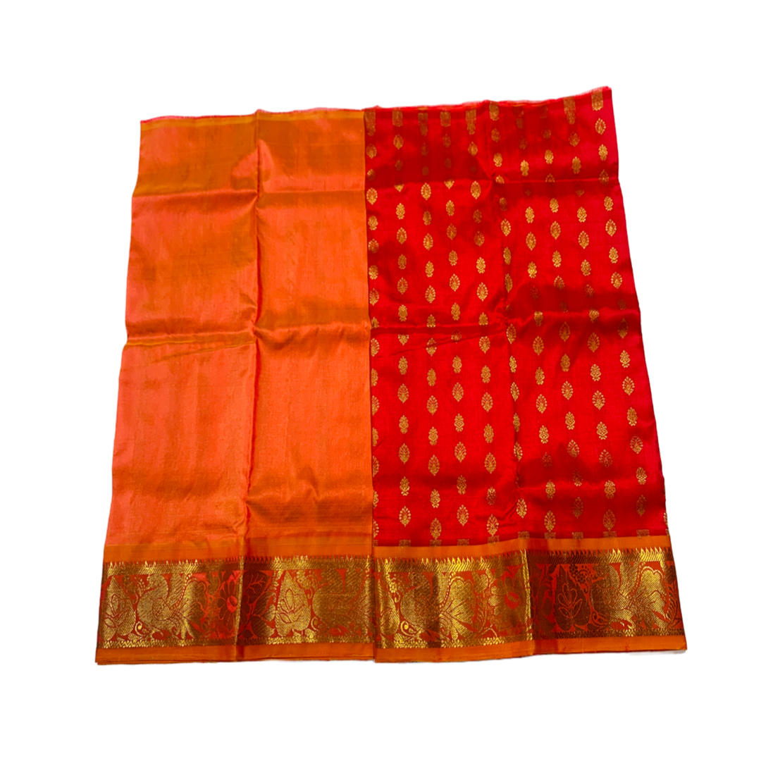 Red shade Pure Kanchipuram Kids Pattu Pavadai with contrast border for for newborn to 2 Years