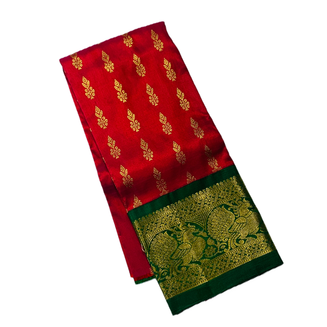 Red shade Pure kanchipuram Kids Pattu Pavadai with contrast border for newborn to 2 Years