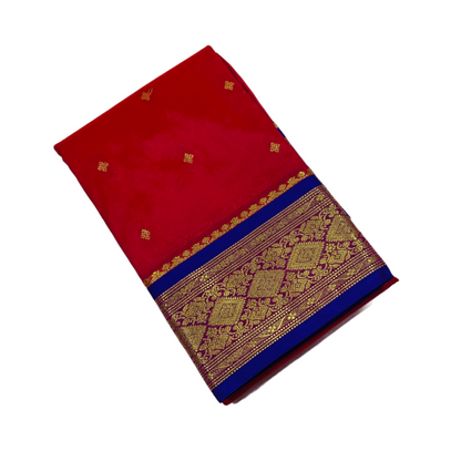 Red shade saree with Sliver and Blue Border