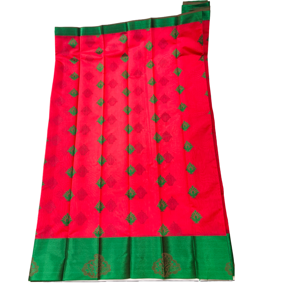 Red shade silk cotton Saree with Green Border