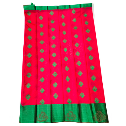 Red shade silk cotton Saree with Big Green Border