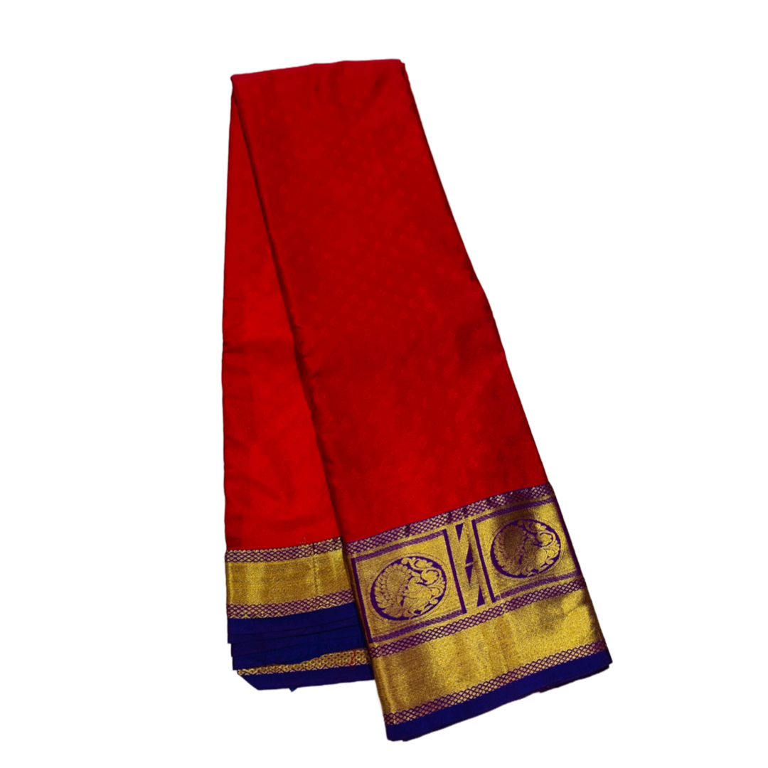 Red Shade Kanchipuram Silk Saree with Golden and Blue Border with Peacock design