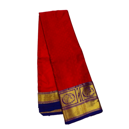 Red Shade Kanchipuram Silk Saree with Golden and Blue Border with Peacock design