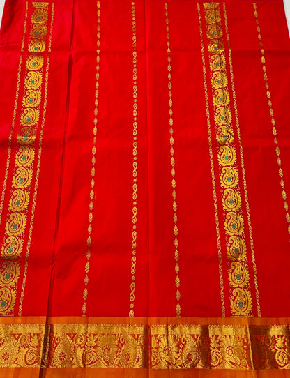 Red shade Semi Silk Kids Pattu Pavadai with contrast border for age 5 to 10