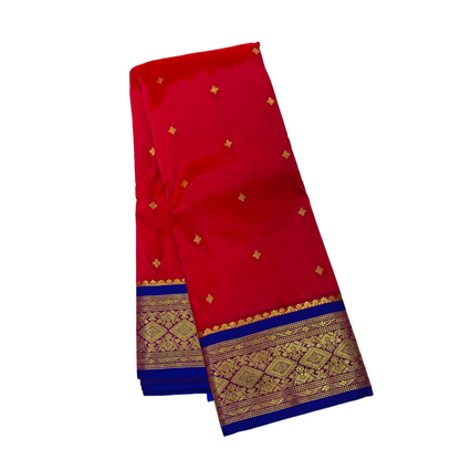 Red shade saree with Sliver and Blue Border