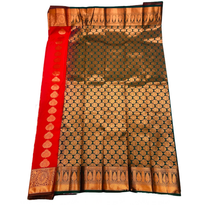 Red shade saree with Copper Border with flower Design