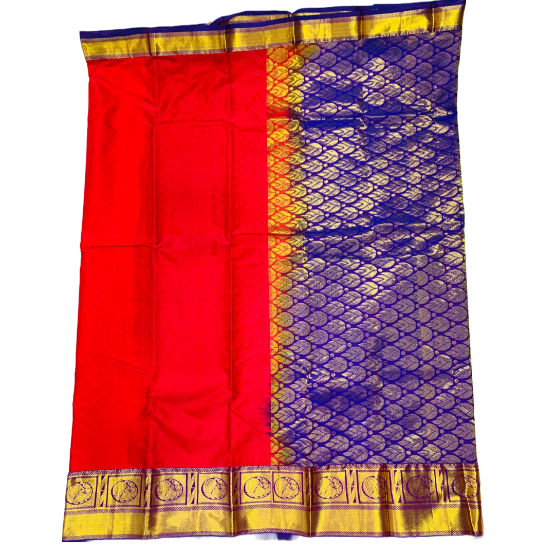 Red Shade Kanchipuram Silk Saree with Golden and Blue Border with Peacock design