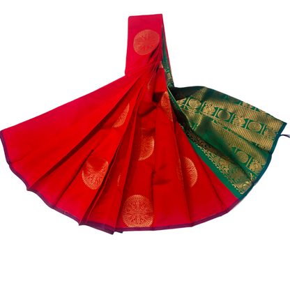 Red shade Soft kanchi pattu with Purple Border.