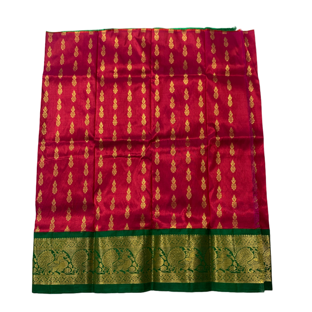 Red shade Pure kanchipuram Kids Pattu Pavadai with contrast border for newborn to 2 Years