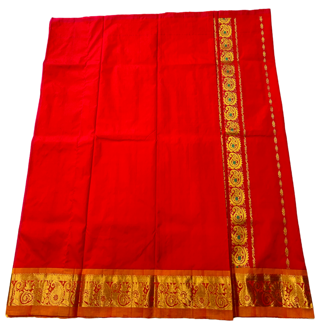 Red shade Semi Silk Kids Pattu Pavadai with contrast border for age 5 to 10