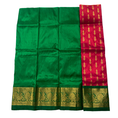 Red shade Pure kanchipuram Kids Pattu Pavadai with contrast border for newborn to 2 Years