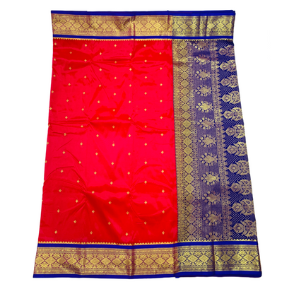 Red shade saree with Sliver and Blue Border