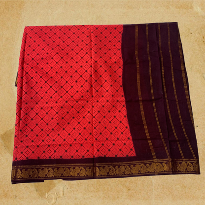 Chettinad Sungudi Cotton Tomato Red Printed Saree