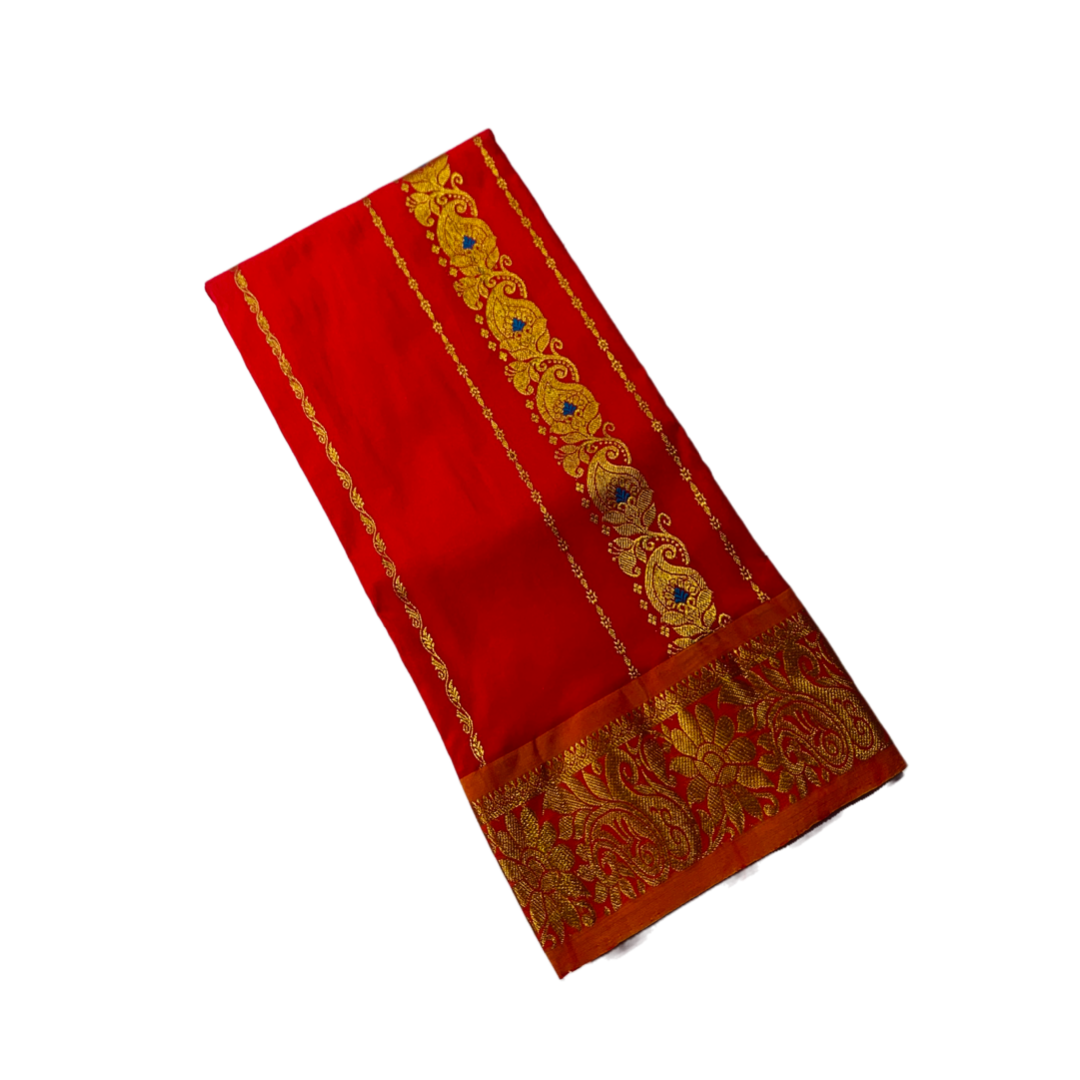 Red shade Semi Silk Kids Pattu Pavadai with contrast border for age 5 to 10