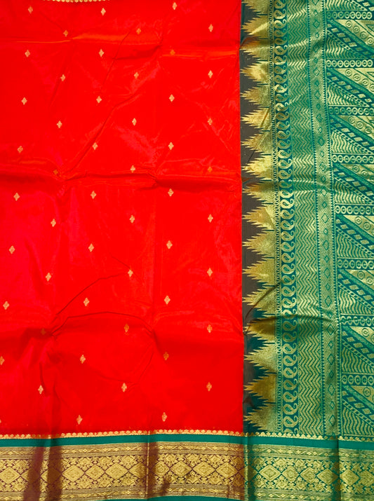 Red shade saree with Sliver and Green Border