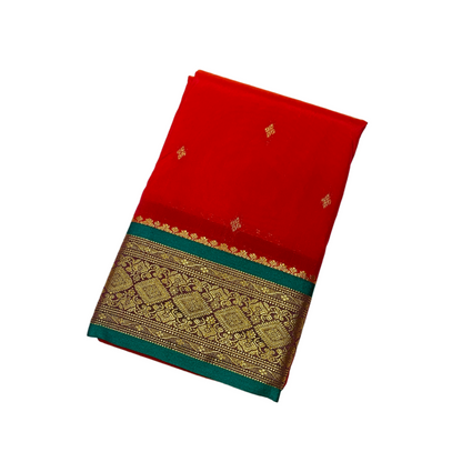 Red shade saree with Sliver and Green Border