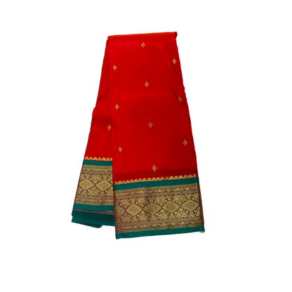 Red shade saree with Sliver and Green Border