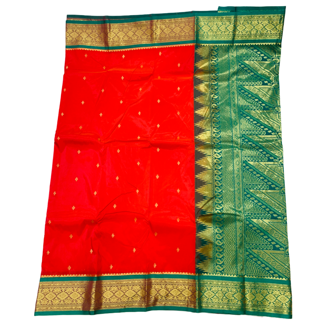 Red shade saree with Sliver and Green Border