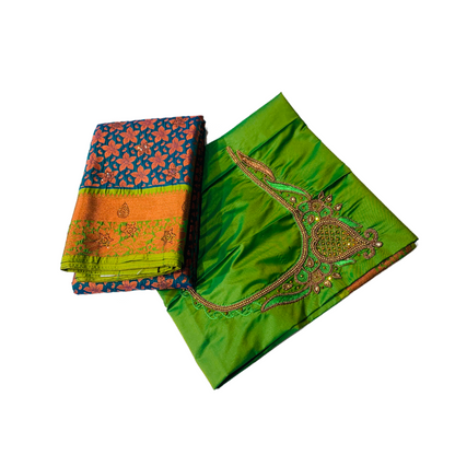 Vegan Silk Saree Rama Green Shade with Unstitched blouse in Aari work