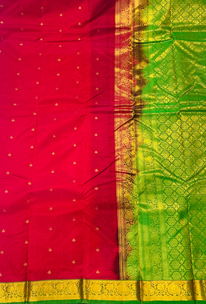 Rose shade Semi Silk Saree with Green Border with Mango and Flower Design