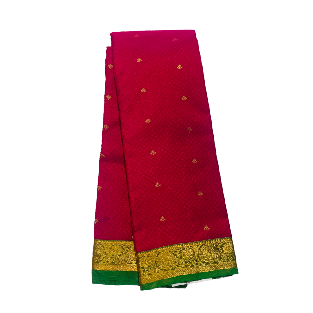 Rose shade Semi Silk Saree with Green Border with Mango and Flower Design