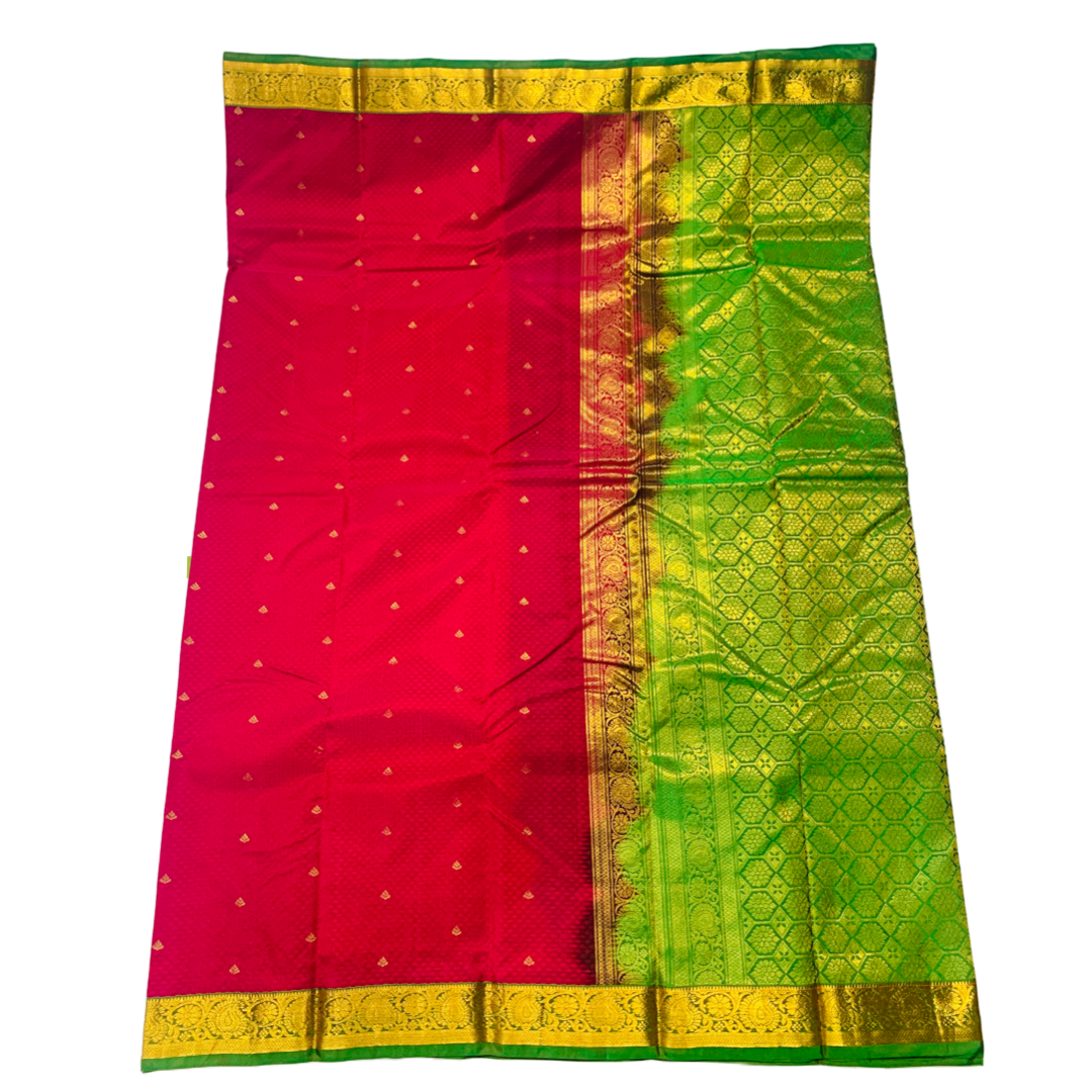 Rose shade Semi Silk Saree with Green Border with Mango and Flower Design