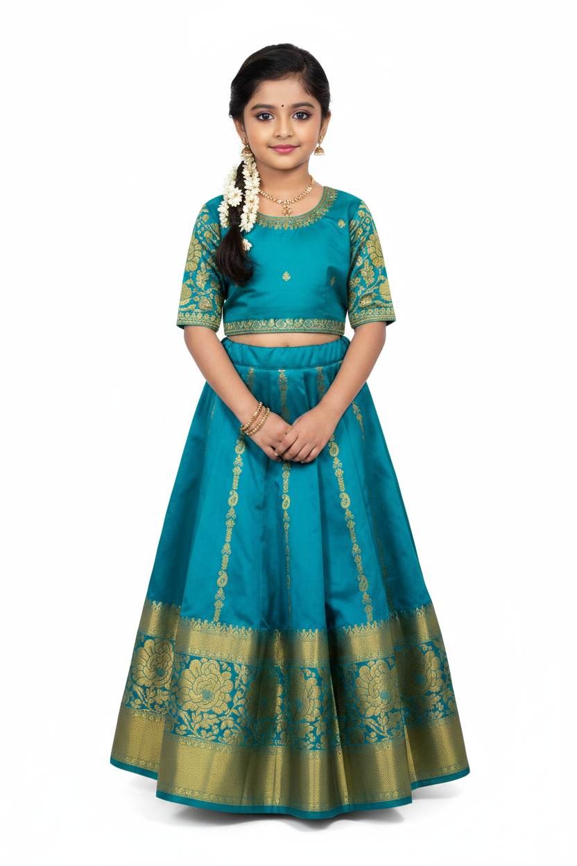 Sky Blue shade vegan silk Kids Pattu Pavadai with contrast border for age 2 to 5